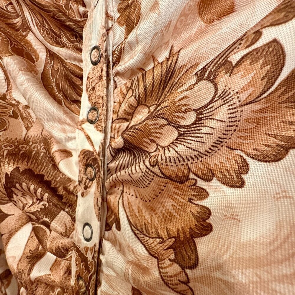 Guess Milana Floral Print Ruched Snap Front Top Brown Long Sleeve Shirt Small - Picture 6 of 8